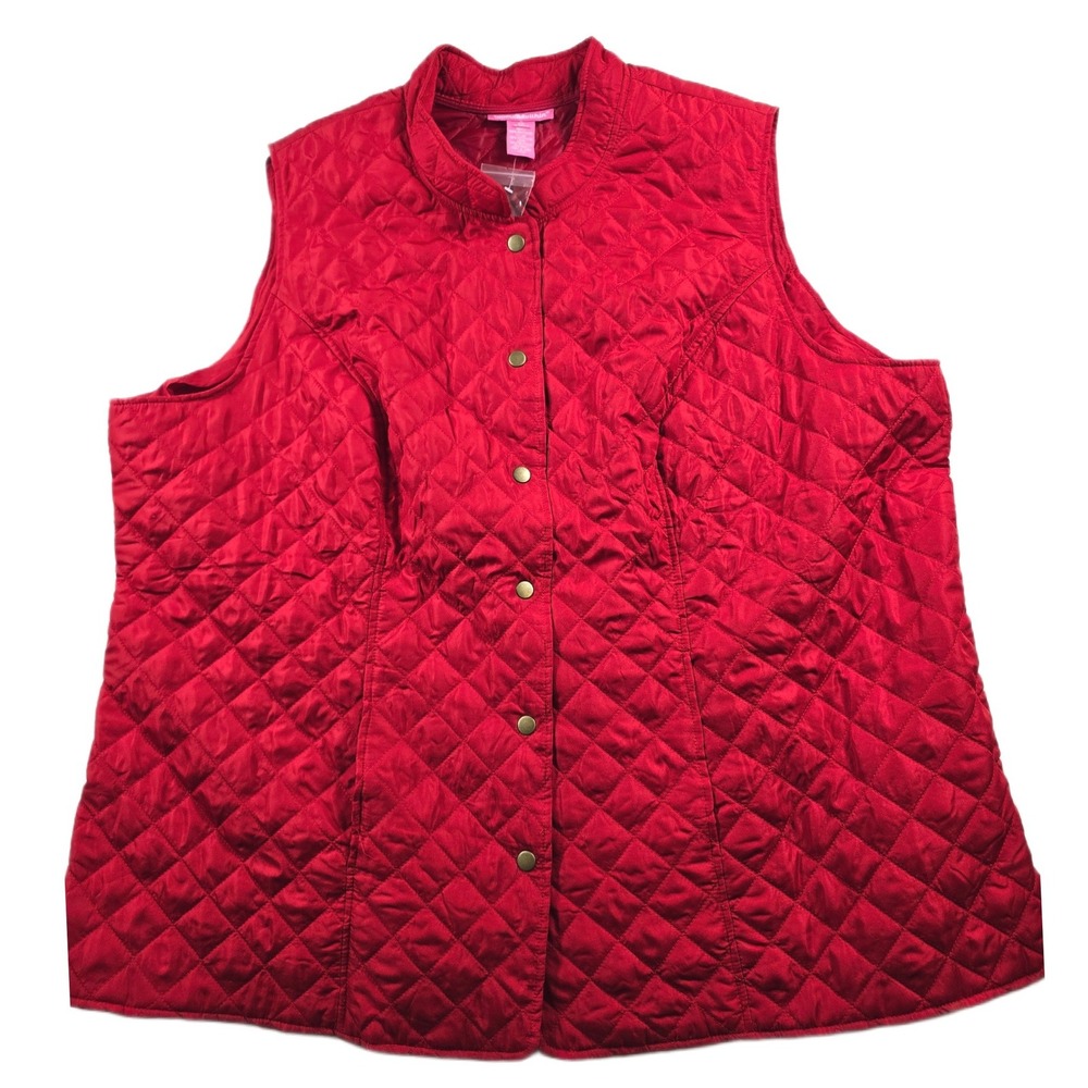 Woman Within Quilted Vest Women 2X Plus Size Red Snap Front Mock Neck NEW